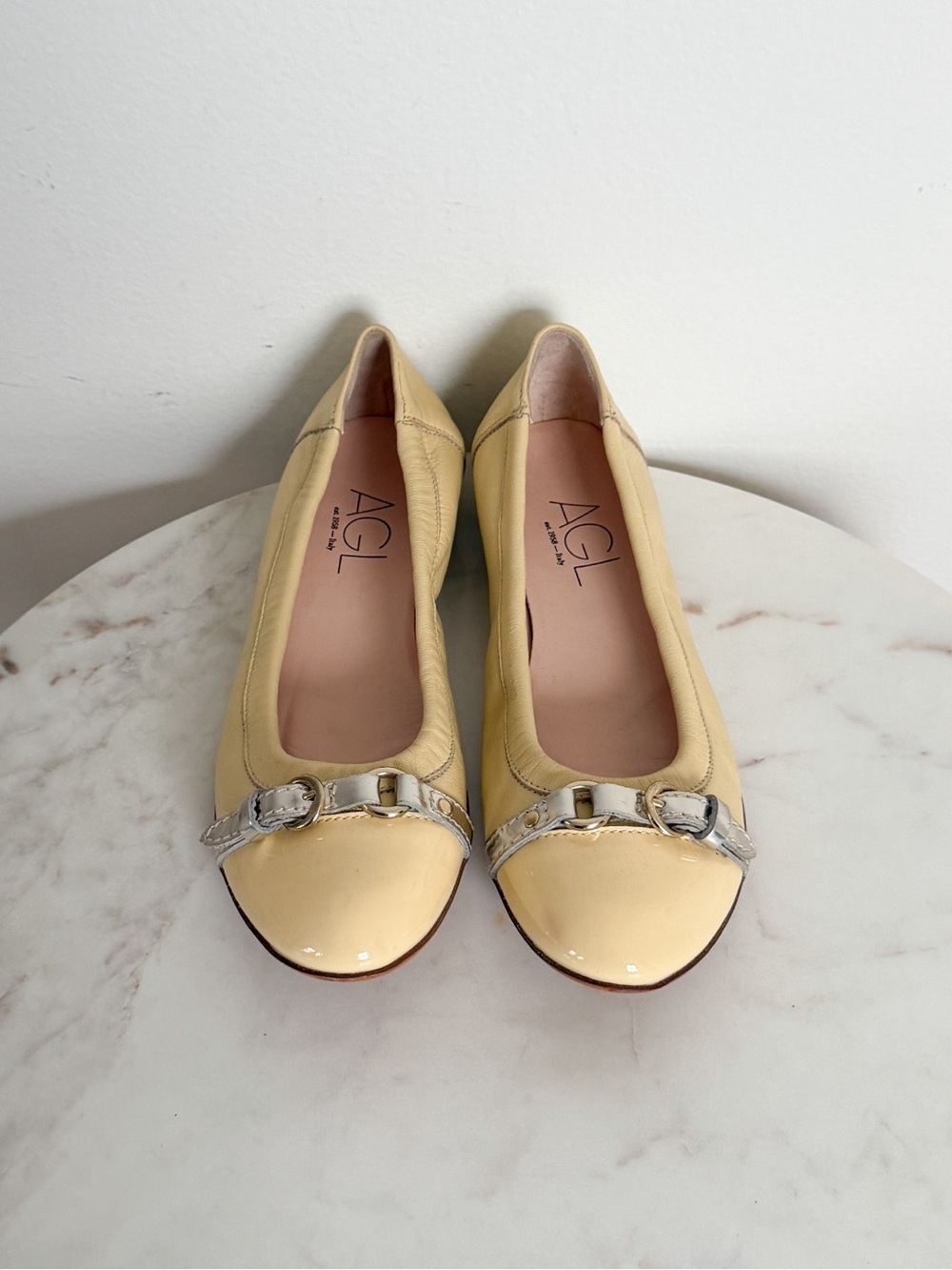AGL NEW Monika Cap Toe Ballet Flats Leather Yellow Size 38 EU 8 US